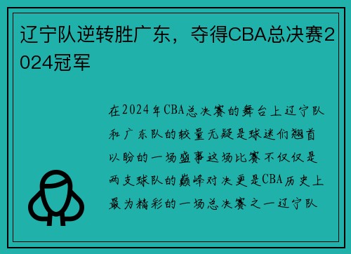 辽宁队逆转胜广东，夺得CBA总决赛2024冠军